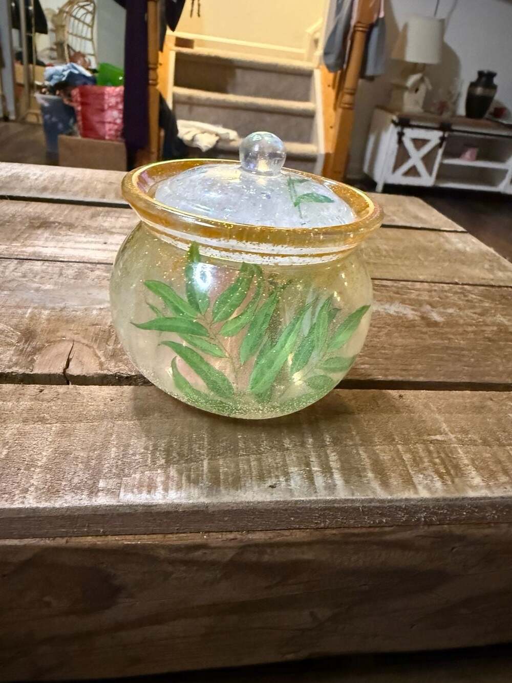 Handmade Resin Glass Jar with Preserved Leaves and Gold Glitter Rim